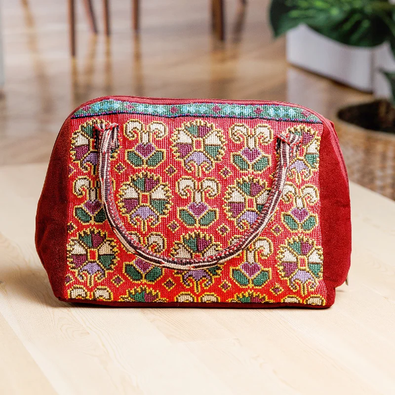 Floral Geometric Iroki Embroidered Red Cotton Handbag - Red Gardens of Shahrisabz