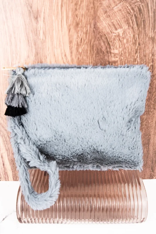 Gray Fria Faux Fur Wristlet Tassel Pouch