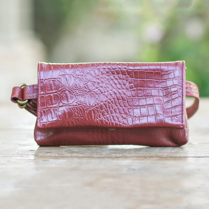 Hand Crafted Leather Crocodile Texture Waist Bag - Cool Carrier in Red Croco