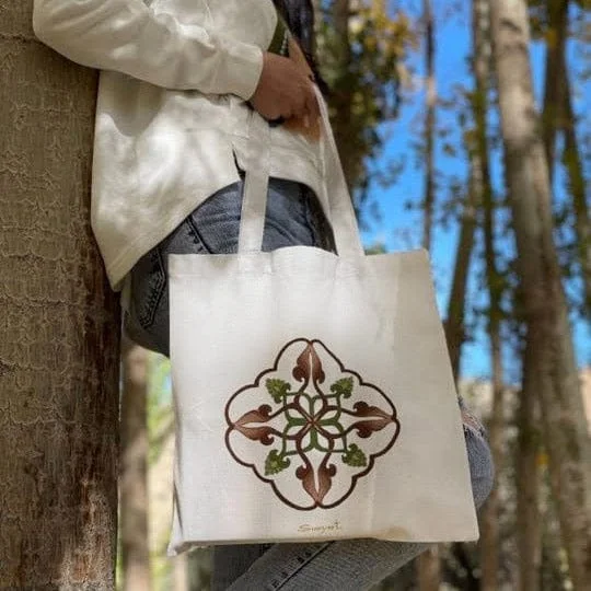 Hand-Painted Leaf and Tree Cotton Tote Bag from Armenia - Khosrov Forest