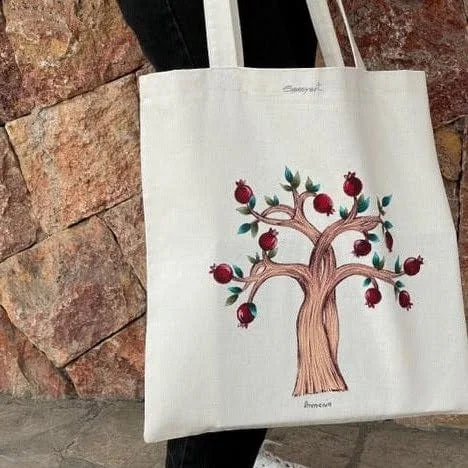 Hand-Painted Pomegranate Tree Cotton Tote Bag from Armenia - Nur of Life