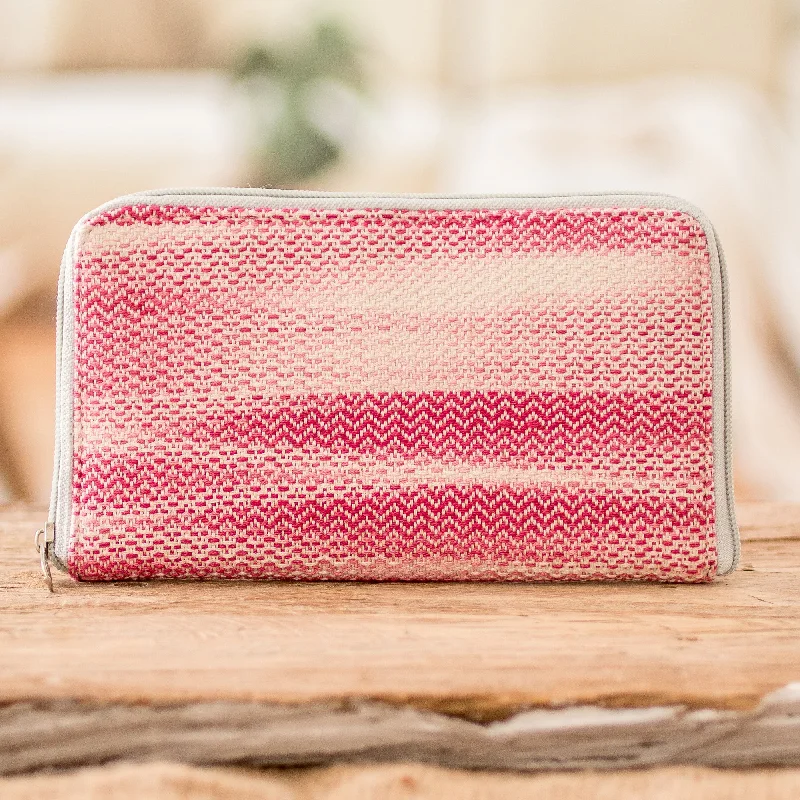 Hand-Woven Cotton Zipper Wallet in Cherry Pink and White - Colors of Tradition in Cherry