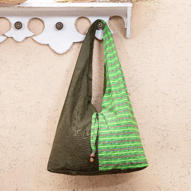 Handcrafted Green Striped Cotton Shoulder Bag from Java - Green Lurik