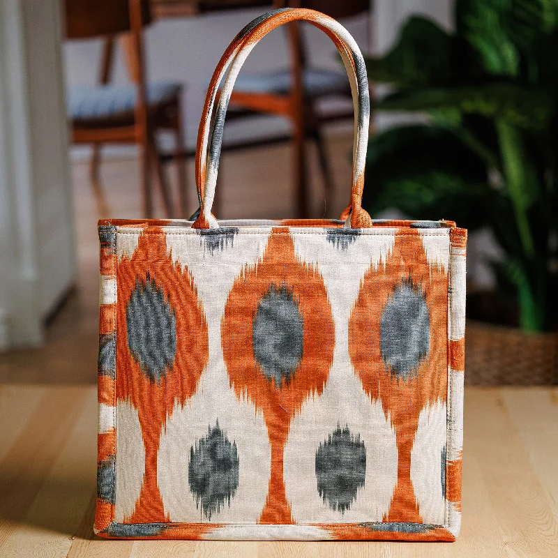 Handcrafted Orange and Blue Ikat Cotton Handle Bag (Large) - Orange Universes