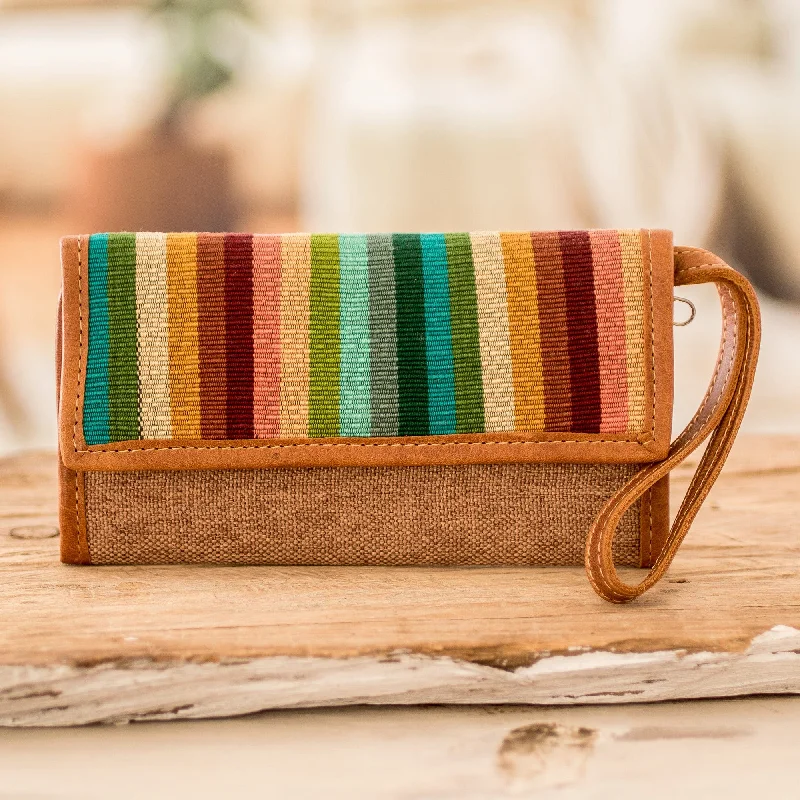 Handcrafted Tan Leather Wristlet with Striped Cotton Textile - Tropical Tan