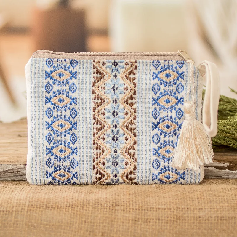 Handloomed Blue and Ivory Cotton Wristlet with Tassel - Bright Skies