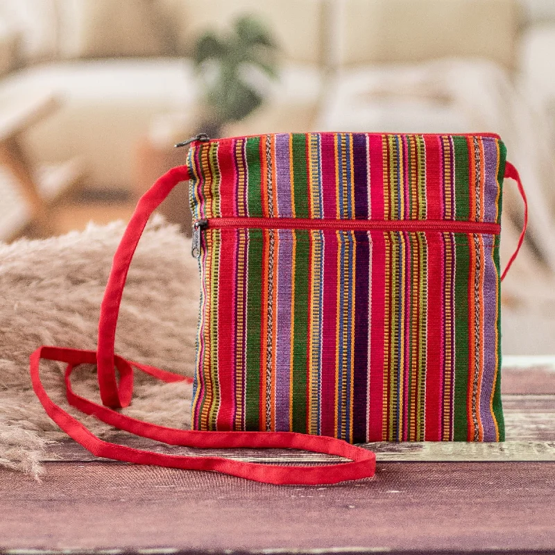 Handmade Classic Striped Red Cotton Sling Bag with Zipper - Colorful Guatemala