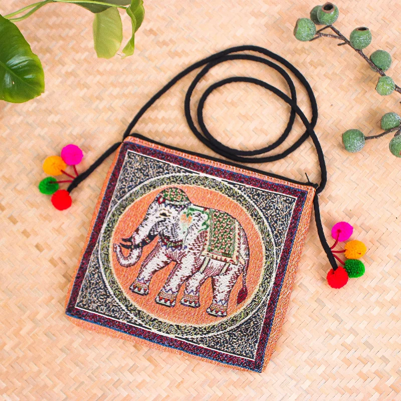 Handmade Cotton Blend Elephant-Themed Sling Bag with Pompoms - Elephant Flair