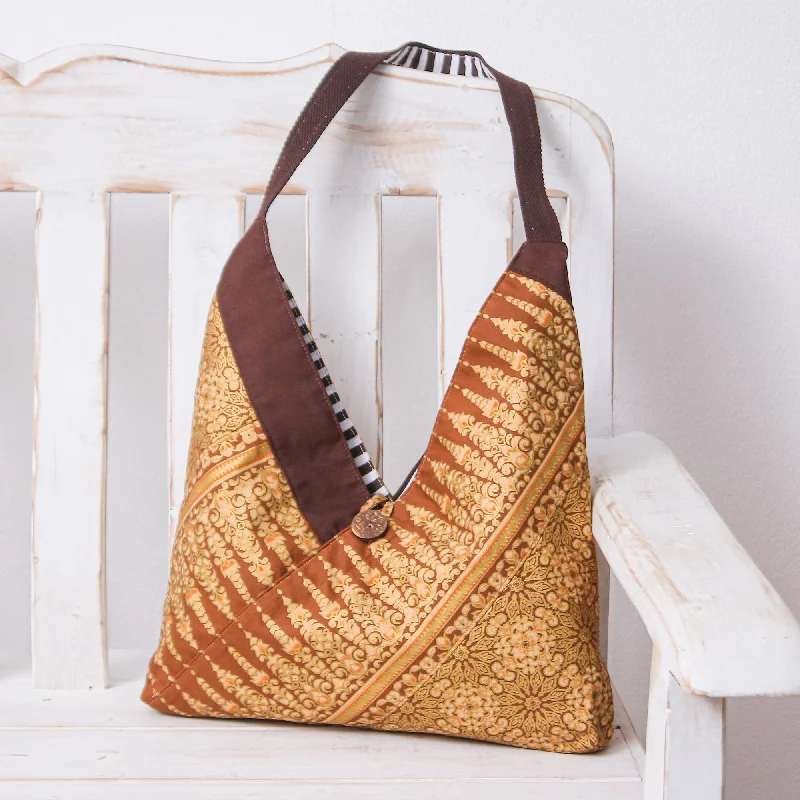 Handmade Patterned Golden and Brown Cotton Shoulder Bag - Golden Days