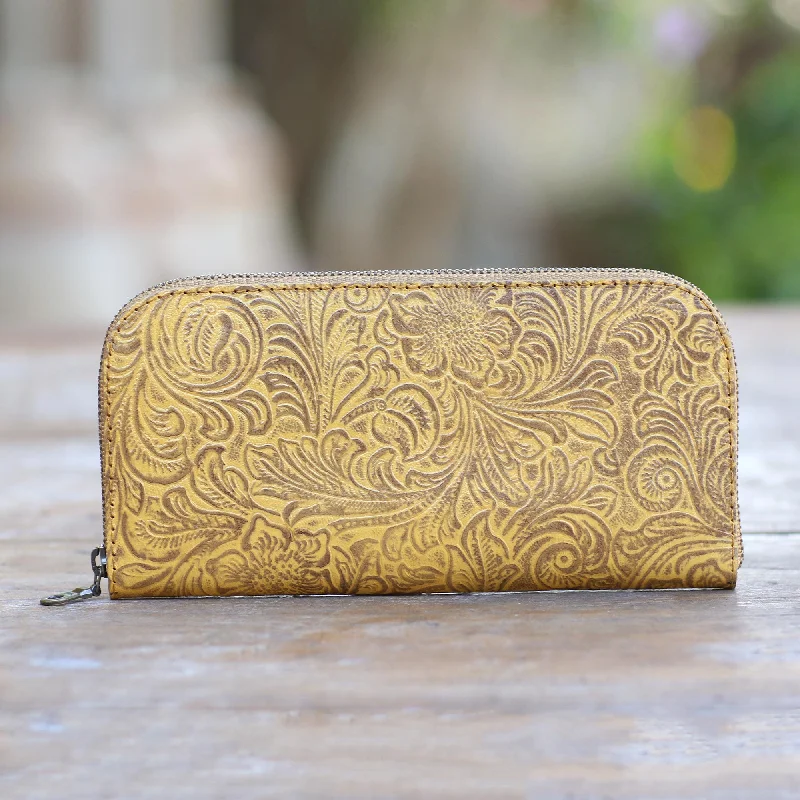 Handmade Yellow Leather Wallet from Bali - Flowers of Ubud in Maize