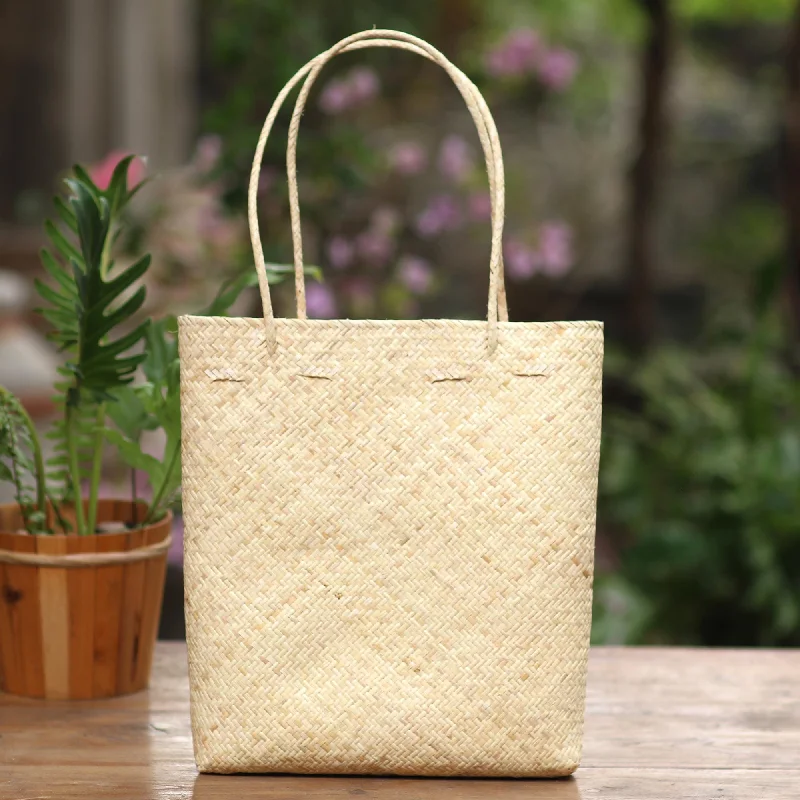 Handwoven Beige Rattan Open Top Tote - Beige Textures