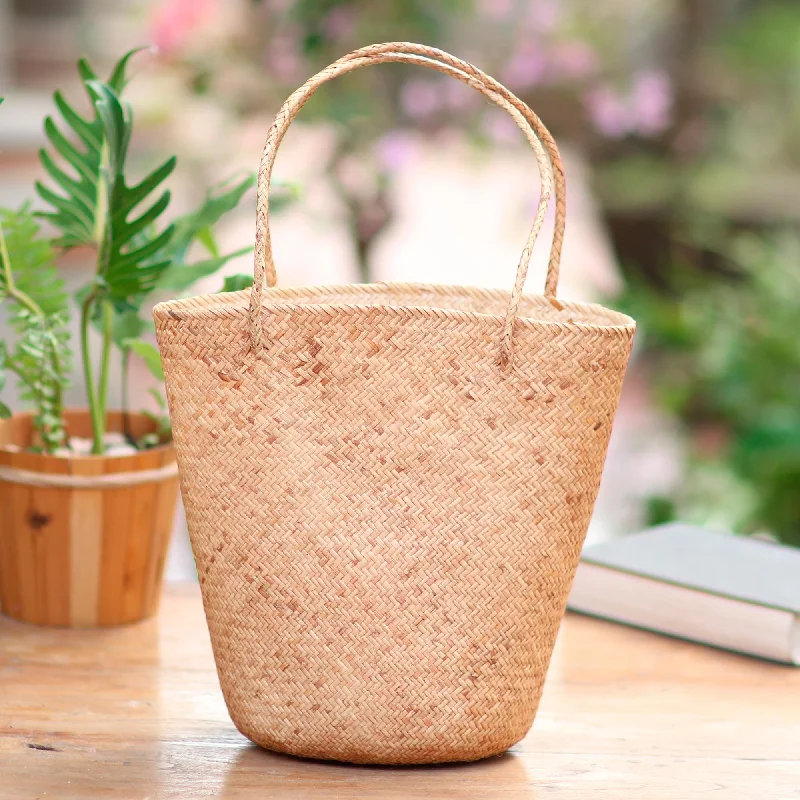 Handwoven Natural Tan Rattan Open Top Tote - Natural Tan