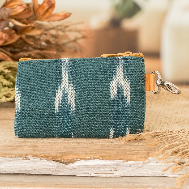 Handwoven Patterned Teal Cotton Coin Purse with Zipper - Calm Waters