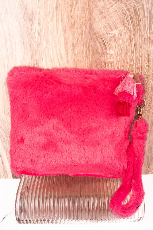 Hot Pink Fria Faux Fur Wristlet Tassel Pouch