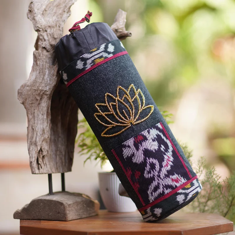 Ikat Cotton Yoga Mat Carrier with Glass Bead Accent - Large Lotus Lagoon in Black