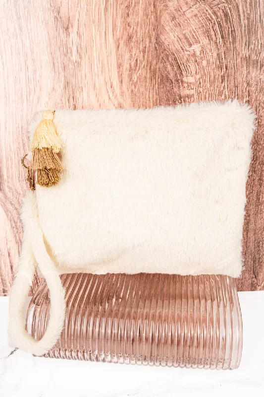 Ivory Fria Faux Fur Wristlet Tassel Pouch