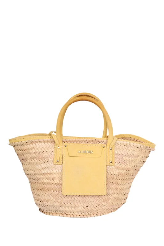 Jacquemus Yellow Suede/Raffia Large Le Panier Soleil Basket Tote