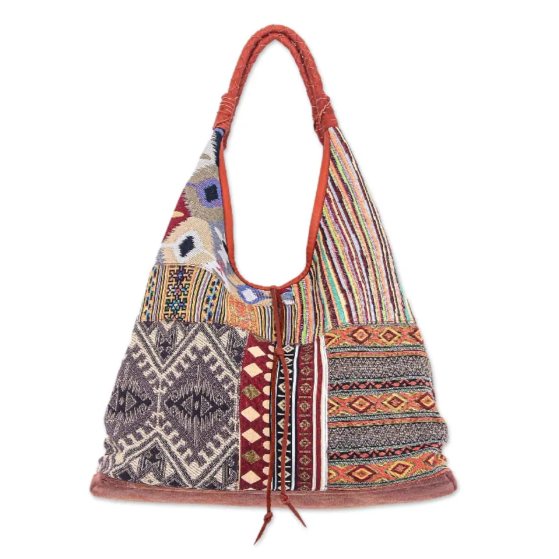 Leather Accented Cotton Blend Hobo Handbag - Warm Geometry