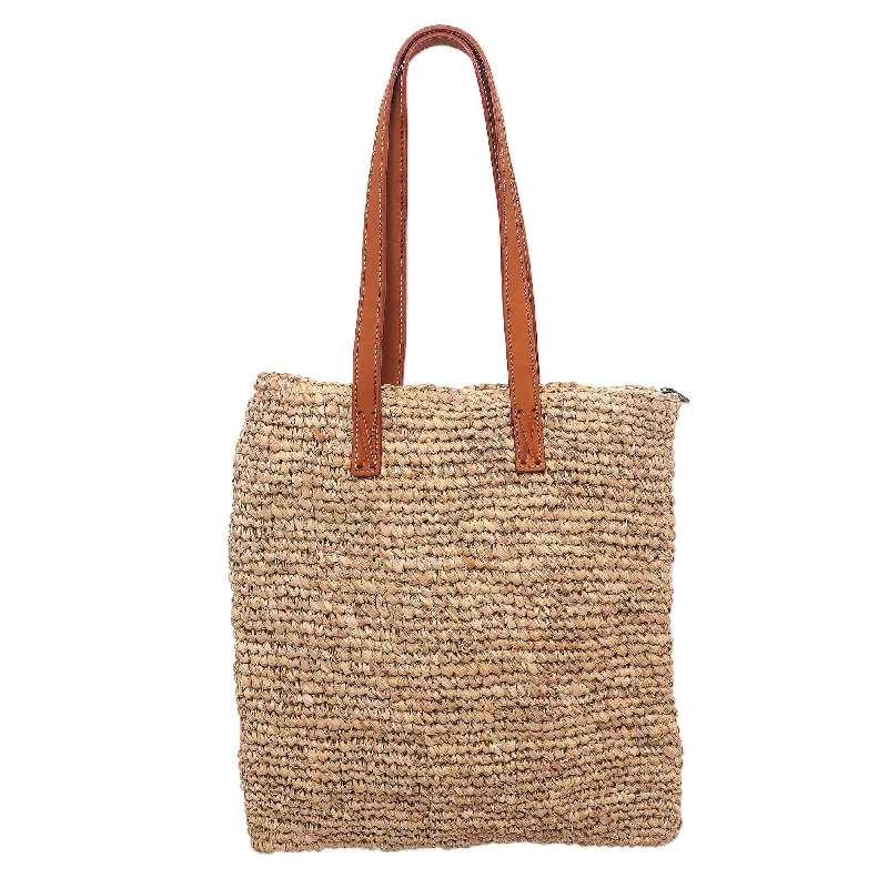 Leather Accented Natural Fiber Tote from Java - Natural Rectangle