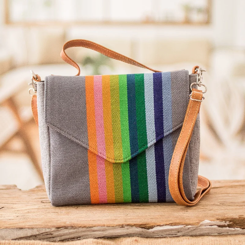 Leather-Accented Striped Cotton Sling Bag in Grey Base Hue - Pewter Fate