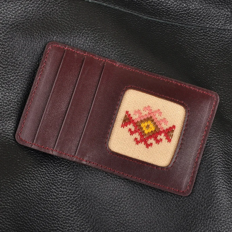 Leather Card Holder with Armenian Hand-Embroidered Motif - Armenian Flair