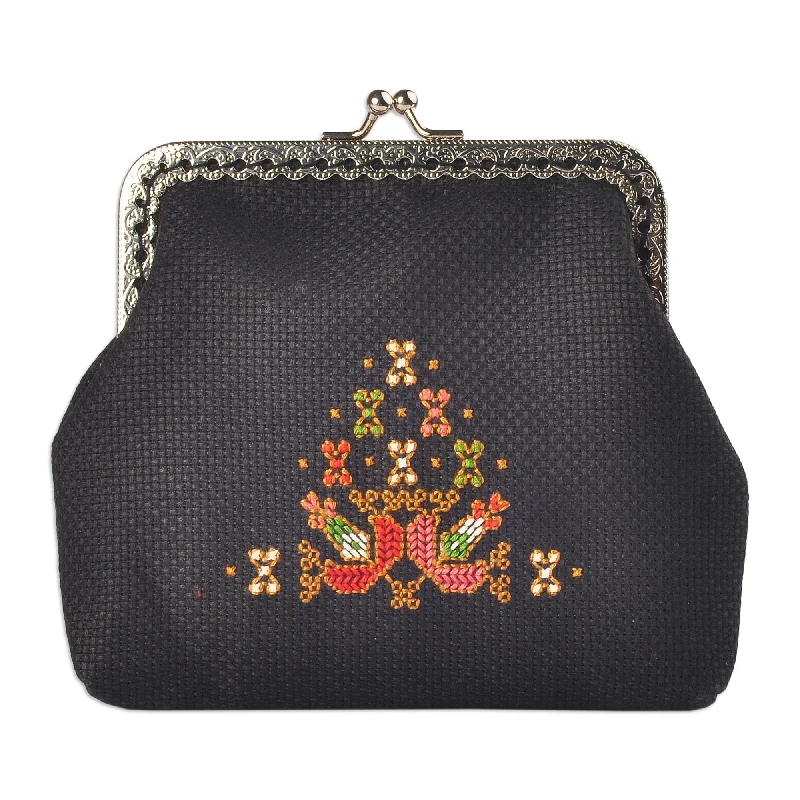 Linen Coin Purse with Traditional Armenian Floral Embroidery - Armenian Garden