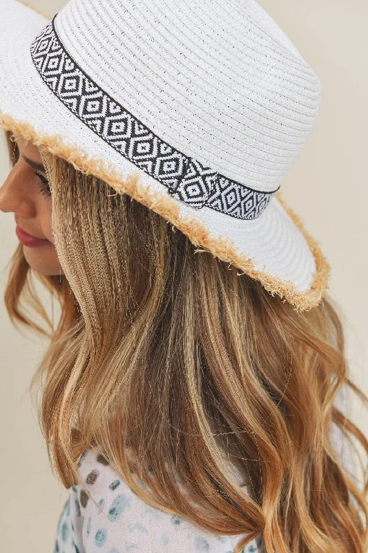 MH0039 Frayed Trim Aztec Banded Straw Hat