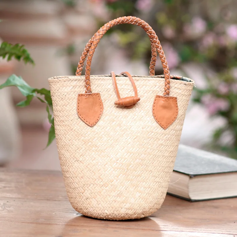 Natural Rattan Handbag with Tan Leather Trim - Sunda Simplicity