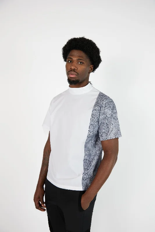 Tunic T-shirt in White Poplin and Silk Paisley Print Panel from Deadstock fabrics