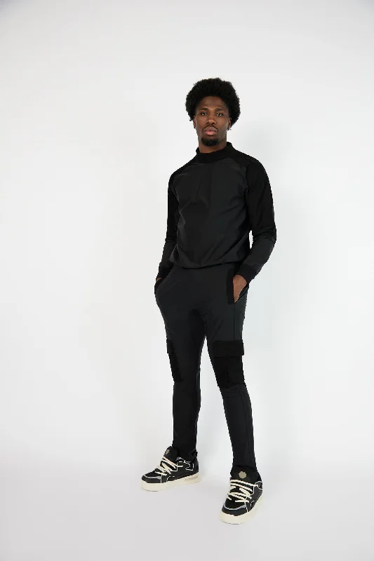 Full Black Cargo Tracksuit in Nylon with Eco Suede features from Deadstock