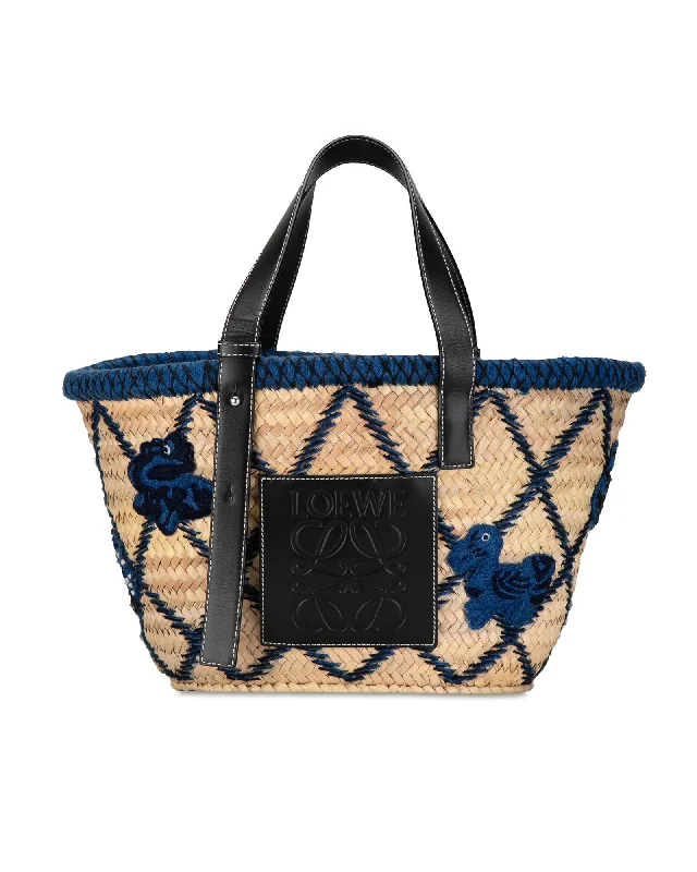 Embroidered Palm Leaf Basket Tote with Leather Handles