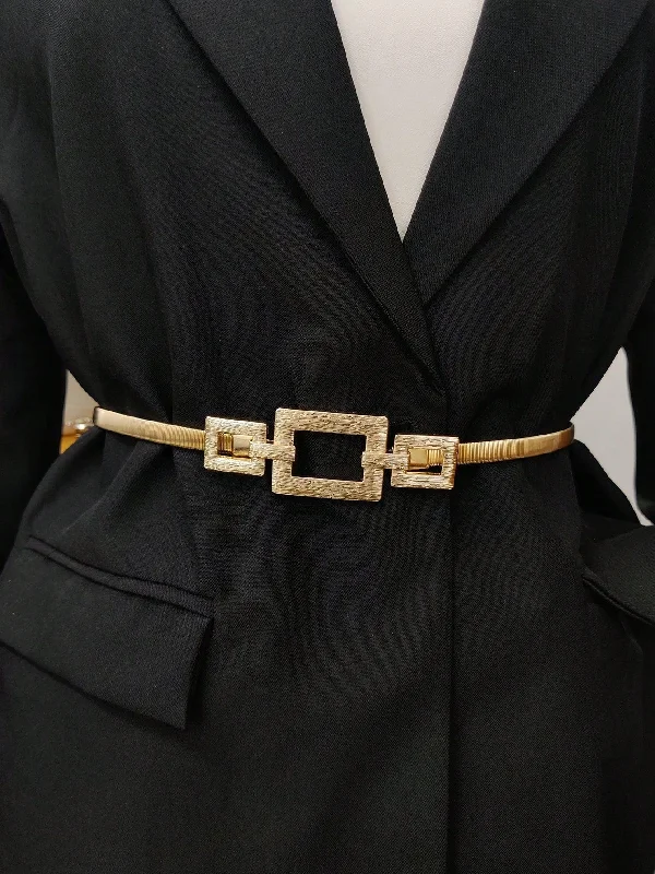 Party 1pc Gold-Color Elastic Metal Waist Chain Belt For Women's Dresses, Coats, Suitable For Daily Use