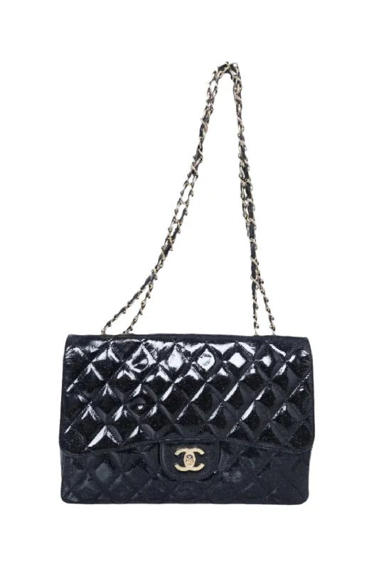 Chanel™ 2008/09 Black Glitter Patent Leather Jumbo Single Flap Bag