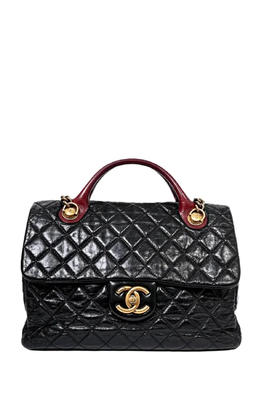 Chanel™ 2014 Black Quilted Crinkled Leather Red Top Handle