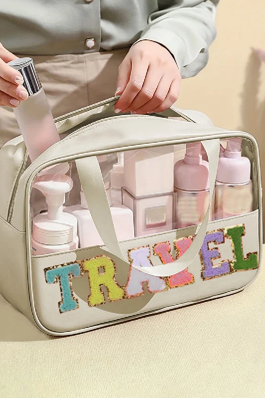 PREORDER! ETA 12/26 Chenille 'Travel' Parchment and Clear Makeup Bag **SHIPPING EXPECTED TO BEGIN ON DATE 12/26**