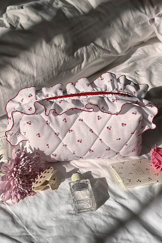 PREORDER! ETA 12/26 Cute Cherry Quilted White Ruffled Makeup Bag **SHIPPING EXPECTED TO BEGIN ON DATE 12/26**