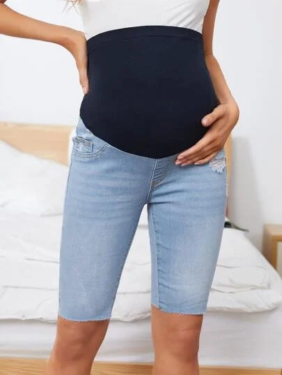 Maternity Ripped Raw Hem Denim Biker Shorts