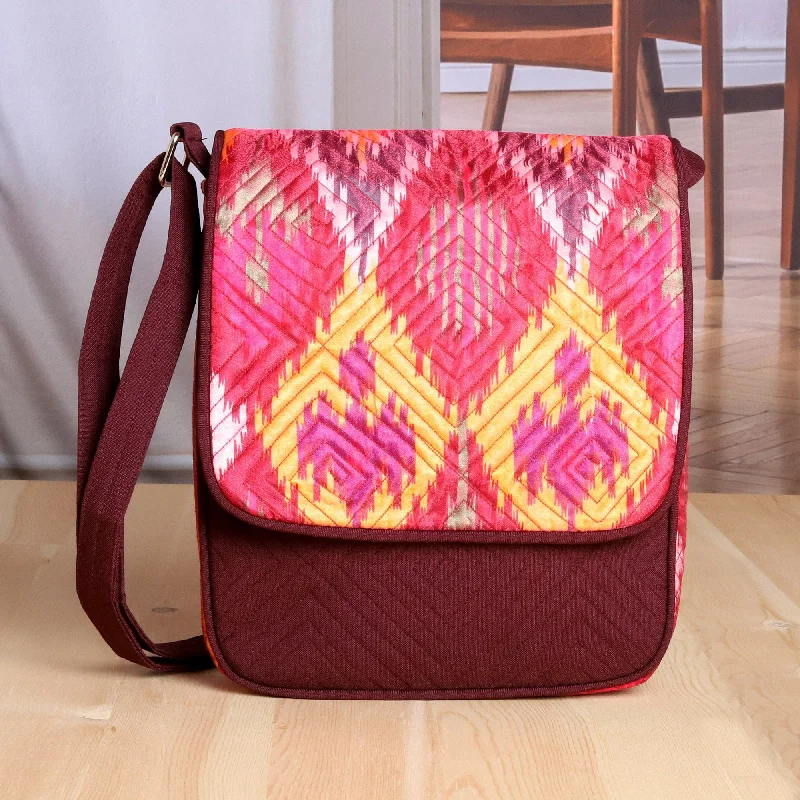 Quilted Shoulder Bag with Ikat Patterns and Adjustable Strap - Ikat Summer Beauty