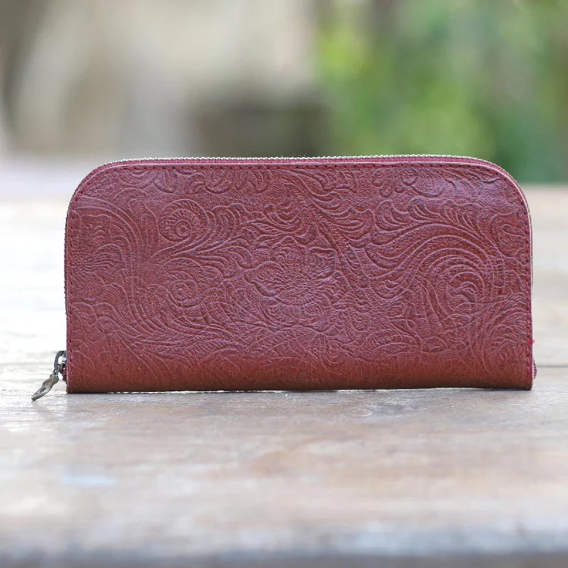 Red Leather Wallet Tooled with Floral Designs - Flowers of Ubud in Red