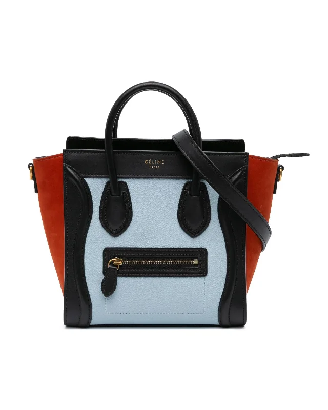 Tricolor Leather Luggage Tote with Suede Panels and Detachable Strap