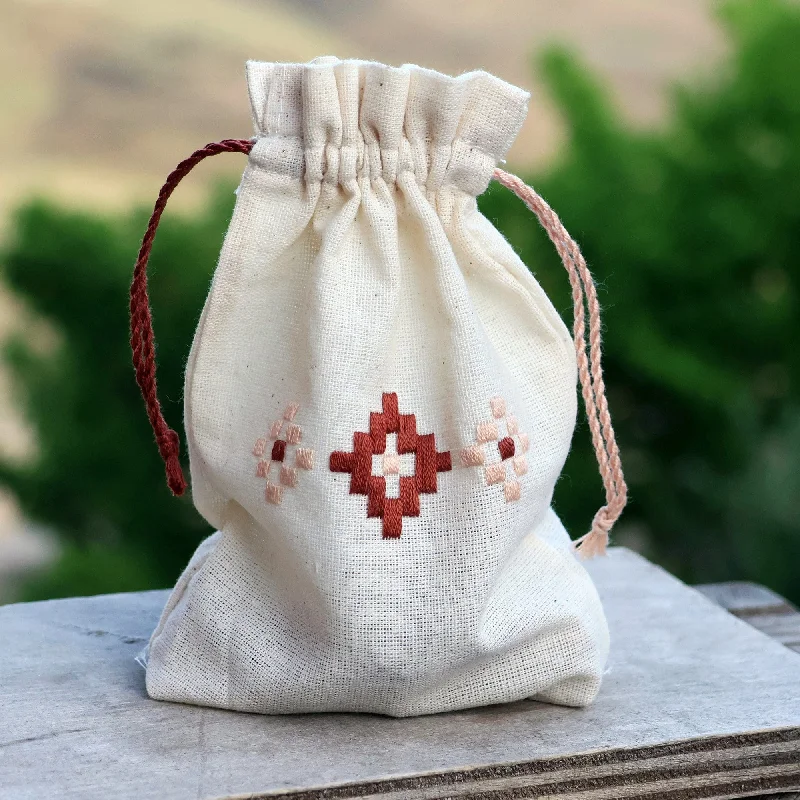 Set of 2 Embroidered Cotton Pouches from Armenia - Latte