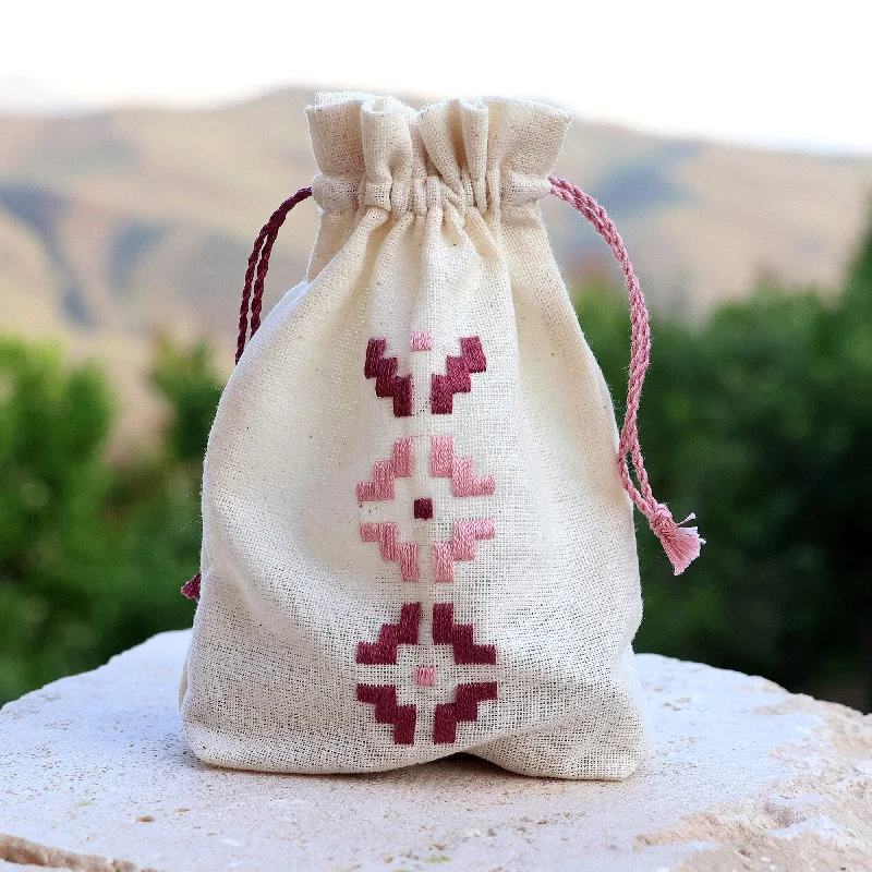 Set of 2 Embroidered Cotton Pouches from Armenia - Rose