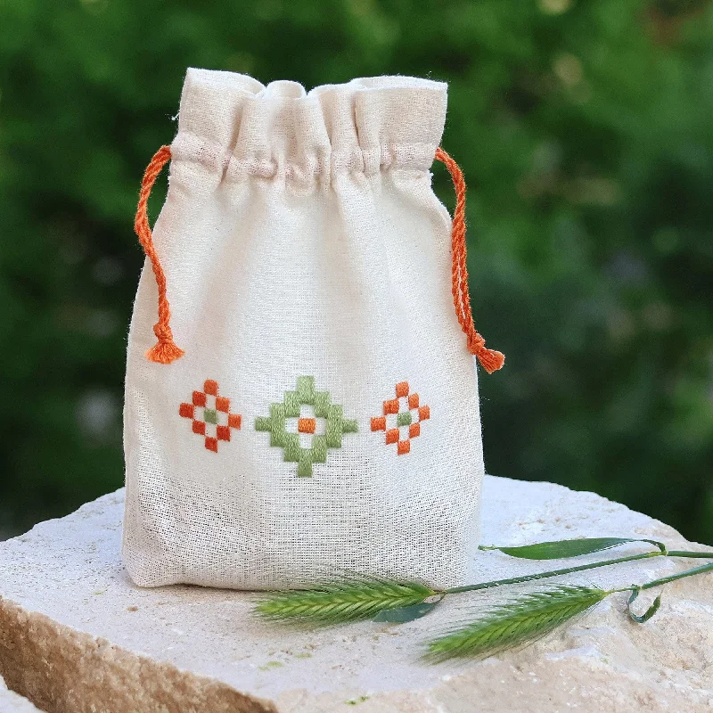 Set of 2 Embroidered Cotton Pouches from Armenia - Spring Mist