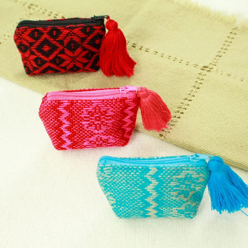 Set of 3 Handmade Geometric Cotton Coin Purses from Mexico - Mini-Geometry