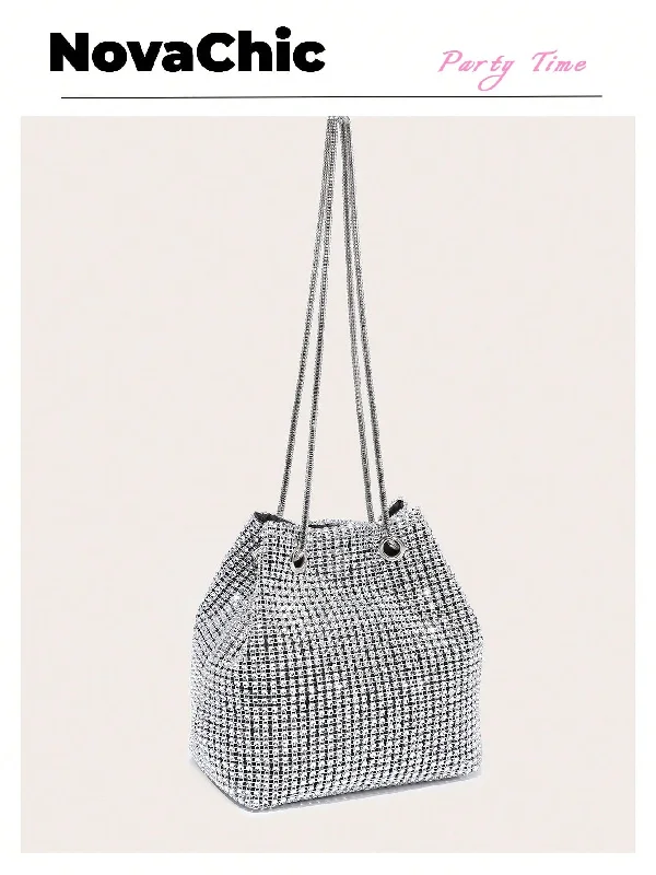 Shiny Mini Rhinestone Decor Chain Bucket Bag