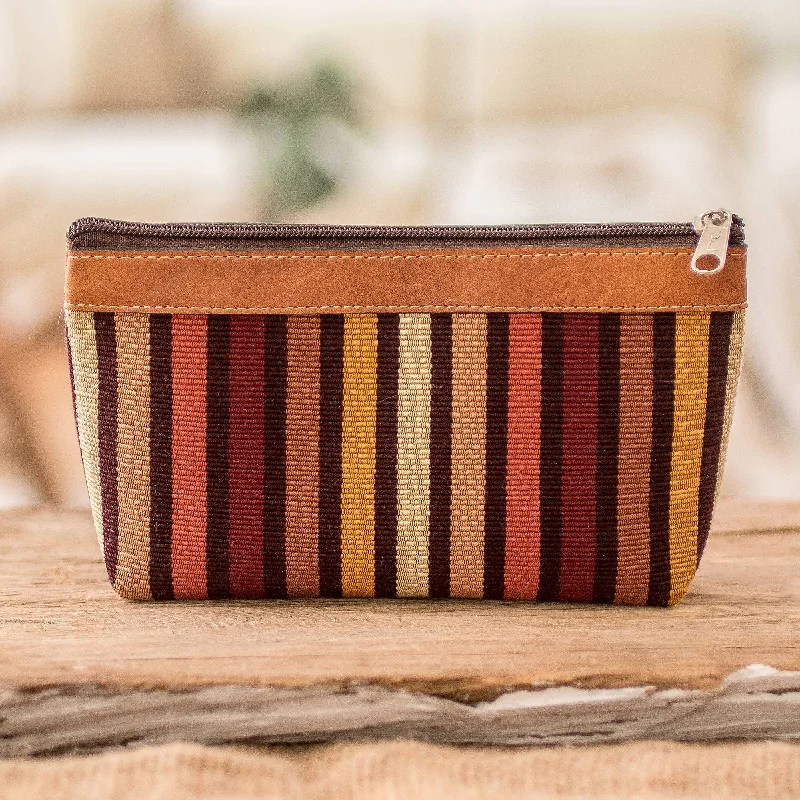 Striped Hand-Woven Cotton Cosmetic Bag with Leather Trim - Fertile Land