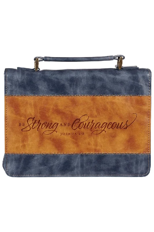 Strong and Courageous Butterscotch and Navy Faux Leather Large Bible Cover