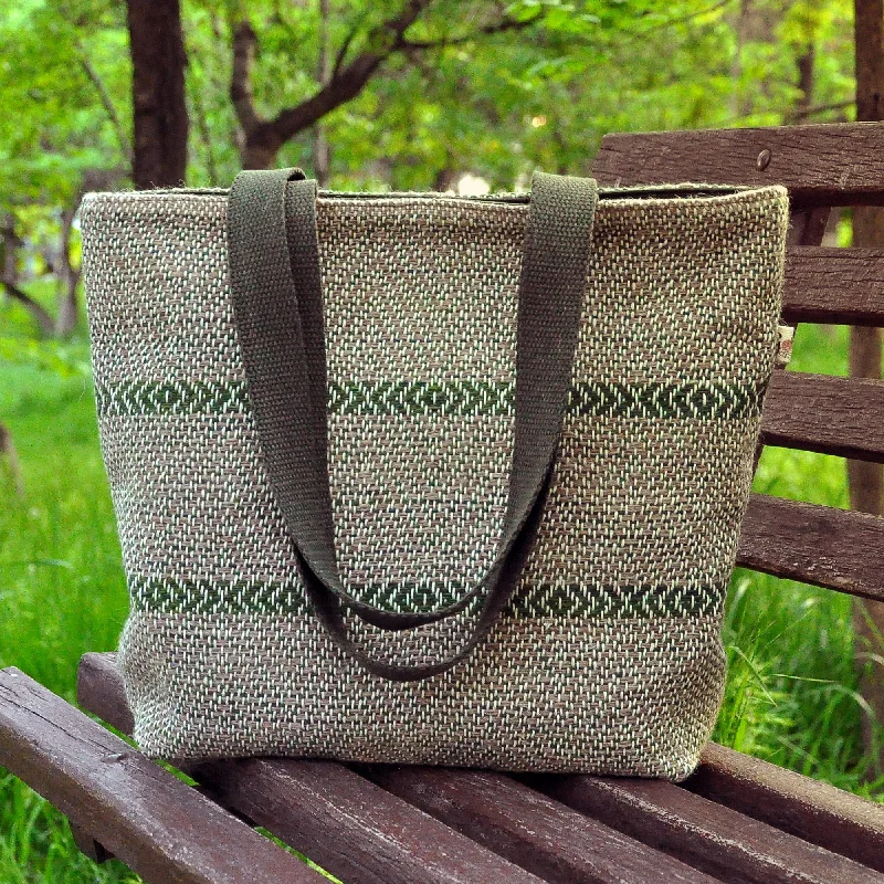 Teal Beige and White Wool Tote Bag Hand-Woven in Armenia - Fashionable Flair