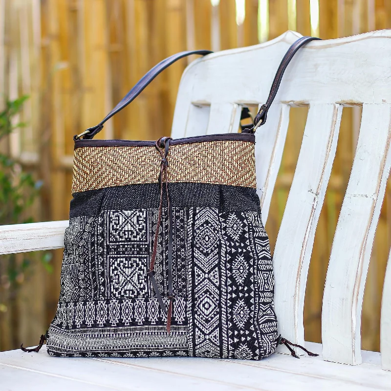 Thai Black and White Cotton Blend Sling Bag - Intermission in Black