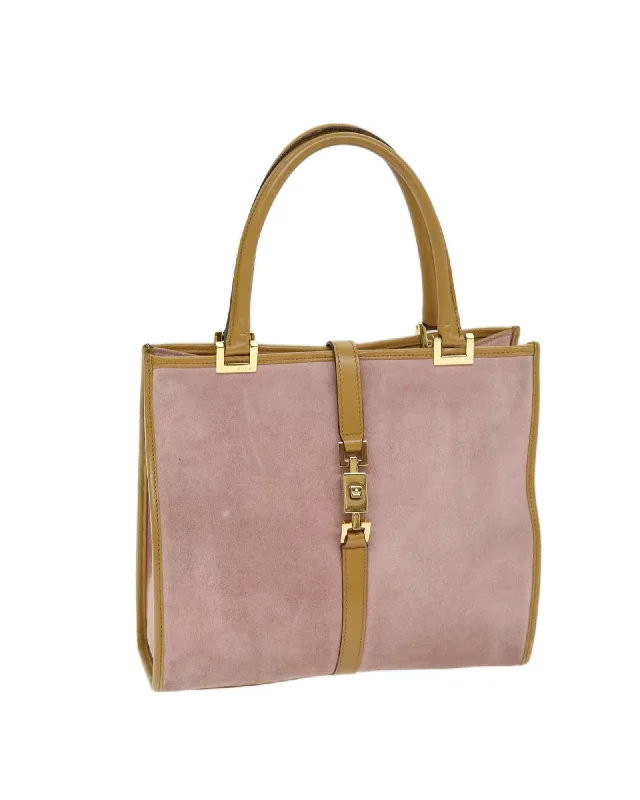 Pink Suede Hand Bag with Metal Fittings and Multiple Pockets